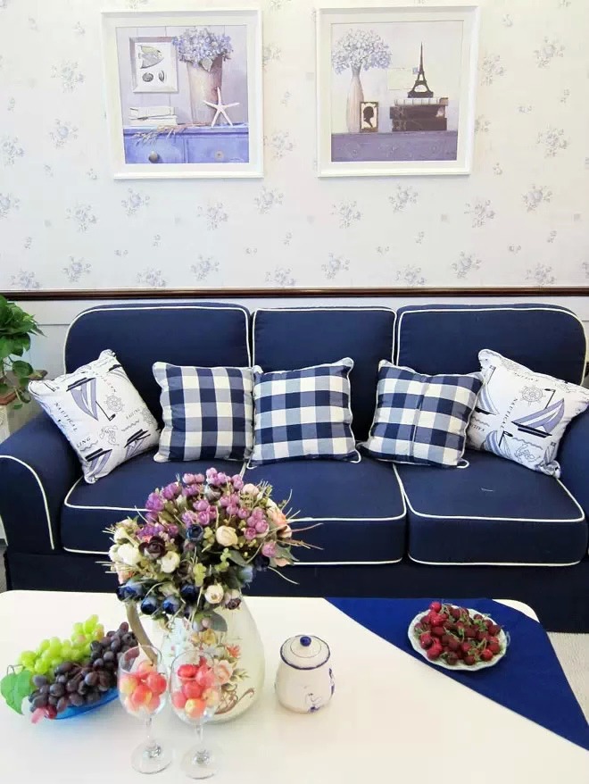 地中海客厅蓝色沙发效果图psb