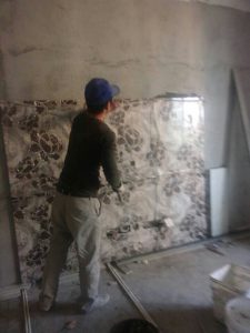 南京金地明悦140四室两厅瓦工装修工地直播背景墙